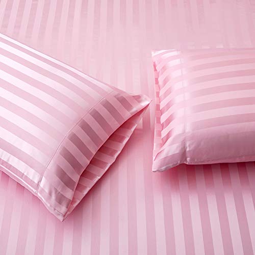 Image of Lanest Housing Satin-Silk Sheets Twin XL Size Bed Set, Pink Soft Cooling Deep Pocket Sheets, Hypoallergenic, Wrinkle and Fade Resistant Bedding Set, Striped
