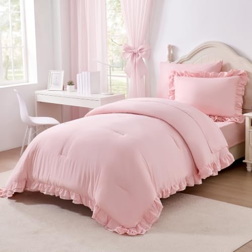 Image of Twin Comforter Set for Girls, Boho Bedding Comforter Sets, 4 Pieces Double Ruffles Comforter Sets with Comforter, Fitted Sheet, Flat Sheet and Pillowcase, Pink