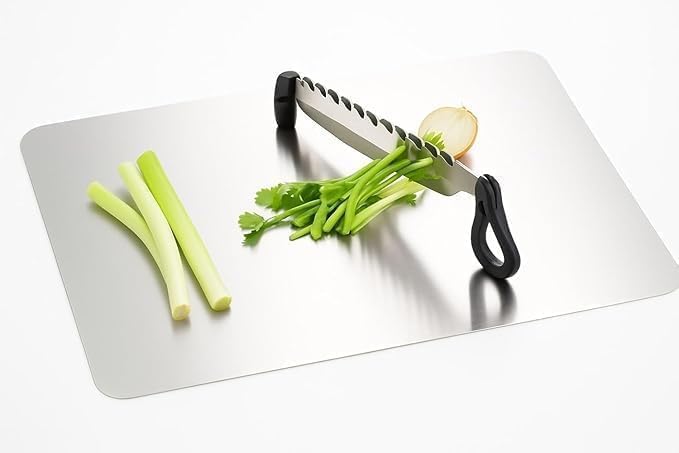 Stainless Steel Chopping Board with Cutter - Multi-Purpose Vegetable & Fruit Chopper Board, Rust-Proof Kitchen Cutting Tray for Sabji, Chapati & Food Preparation with Attached Knife