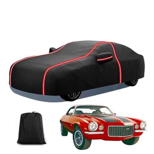 Image of Waterproof Car Cover for Chevy Camaro 2010-2026, All Weather Outdoor 230T Polyester with Driver Door Zipper, Snow Rain Dust Sun UV Protection, Includes Storage Bag(Black+Red)