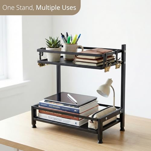 Image of IBELL DR6373 2-Tier Multipurpose Metal Storage Rack for Kitchen & Office | Countertop Organizer with Hooks | Spice Rack, Desk Shelf, Bathroom & Pantry Organizer (Black)