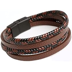 Pulseras Trendhim Momeski Pulsera Hombre, clásica Cuero Brazalete Trenzado Cruzada, Pulsera Trenzado Hombre, Acero Pulsera Trenzada con cierre magnético de acero inoxidable, Ideas de Regalo para Hombres (negro y cafe)
