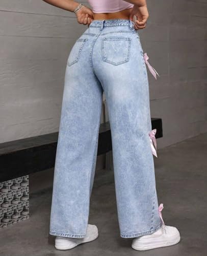 Baggy Jeans for Teen Girls Woman Bow Jeans High Waist Wide Leg Loose Pants Casual Streetwear Cute Clothes4
