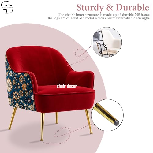 Image of Accent Chair with Ottoman | Modern Velvet Lounge Chair with Floral Designer Back | Upholstered Armchair for Living Room, Bedroom & Cafe | Golden Legs (Red Floral)