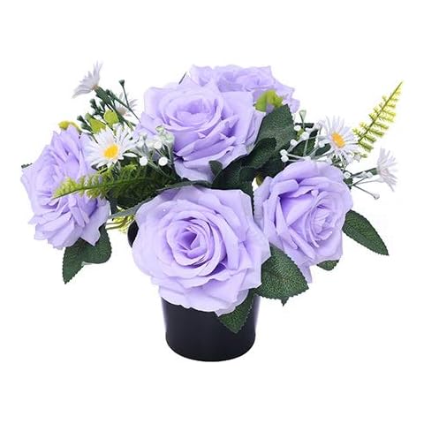 25cm Artificial Lilac & White Rose and Daisy Grave Flower Pot - Vase Insert Memorial Cover