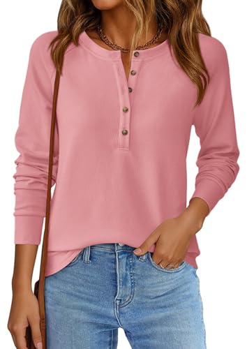 Image of PRETTYGARDEN Women's Long Sleeve Waffle Knit Henley Shirts Loose Tunic Tops