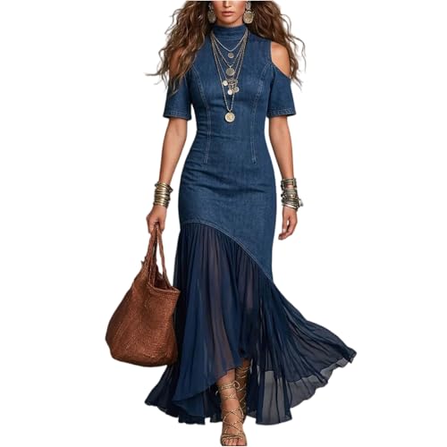 Womens Denim Spliced Maxi Dress Cold Shoulder Mock Neck Asymmetrical Flowy Chiffon Boho Dresses A Dark Blue Large