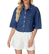 LifeShe Women's Cropped Denim Shirt Summer Button Down Short Sleeve Casual Jean Jacket with Pocket