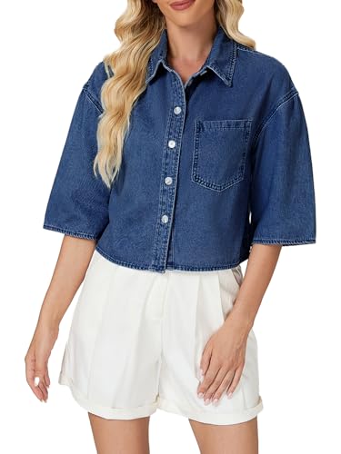 Women’s Cropped Denim Shirt Button Down Half Sleeve Casual Jean Jacket Lightweight Collared Summer Jean Top with Pocket
