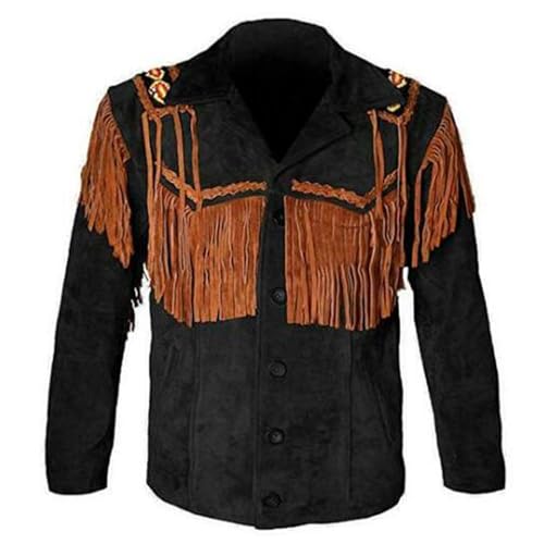 Rumble Products Chaqueta de cuero negra con flecos marrones y borlas vaqueras, Negro -, 5X-Large