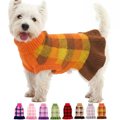 Image of Dog Sweater Dress Plaid Knitwear for Small Medium Dogs Warm Puppy Pet Turtleneck Stretch Pullover Cute Fall Winter Vest Clothes with Leash Hole for Christmas (Orange, XS)