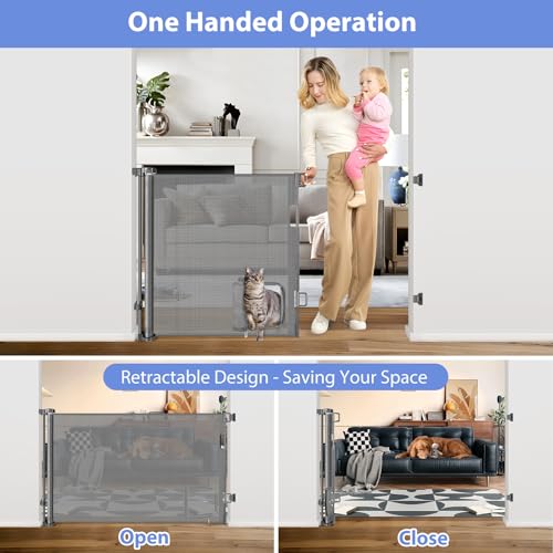Retractable Dog Gate with Cat Door 55" Wide Retractable Pet Gate with Cat Door Mesh Dog Gate Retractable Baby Gates for Doorway Retractable Puppy Gate for The House Retractable Outdoor Gate for Deck - Image 5