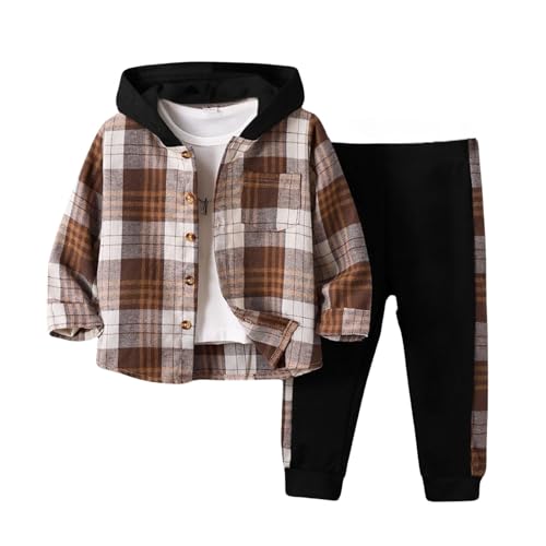 Image of OLMRJKD Toddler Baby Boy Clothes Plaid Long Sleeve Hoodie Sweatshirt + Pants 2pcs Boys Outfit Set