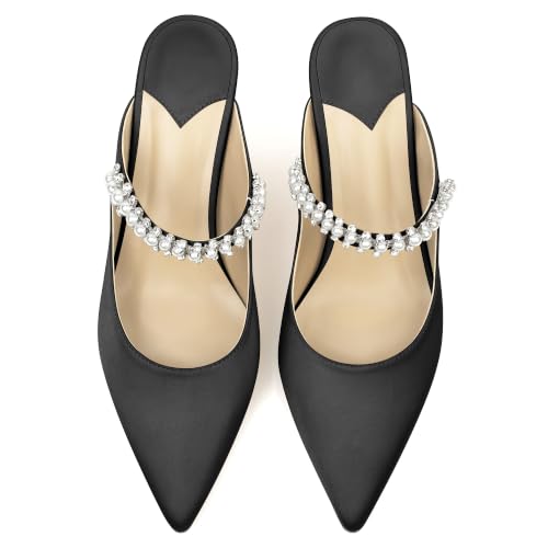 JANSEVEN Mules Heels for Women Heeled Sandals Black with Rhinestone Pointed Closed Toe Slip On Satin 4 Inches Bridal Wedding Shoes Sexy Size 8.5 by JANSEVEN - Used condition - Image 6