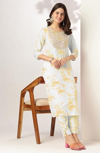 Image of Janasya Women's Yellow Silk Blend Tie & Dye Yoke Embroidered Straight Kurta Pant Set