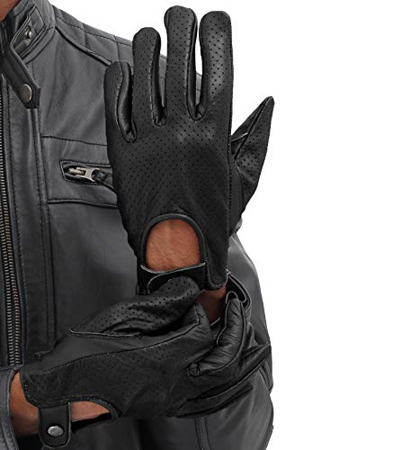 Mens Black Leather Biker Gloves - Adult Deerskin Motorcycle Gloves (XL)