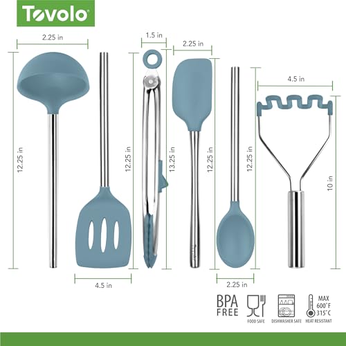 Image of Tovolo Silicone Cooking Utensil Set of 6 Blue Slate Ladle Slotted Turner Tongs Flex Core Spatula Scraper Mixing Spoon and Potato Masher, Dishwasher Safe BPA Free Silicone Kitchen Utensils
