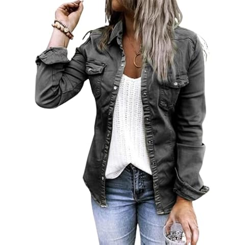 MOONETTO Womens Long Sleeves Button Down Ruffles Denim Jean Shirt Loose Tops Blouses, Black, X-Large Cover