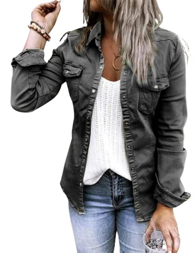 MOONETTO Damen-Jeansshirt, lange Ärmel, Knopfleiste, Rüschen, Denim, lockere Oberteile, Blusen, Black, Mittel Cover
