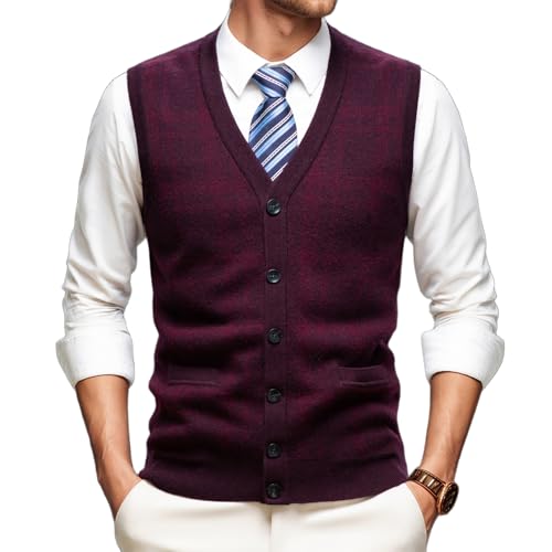 Men's Cable Knit Sweater Vest 100% Wool V Neck Button Down Sleeveless Cardigan Vest with Pocket