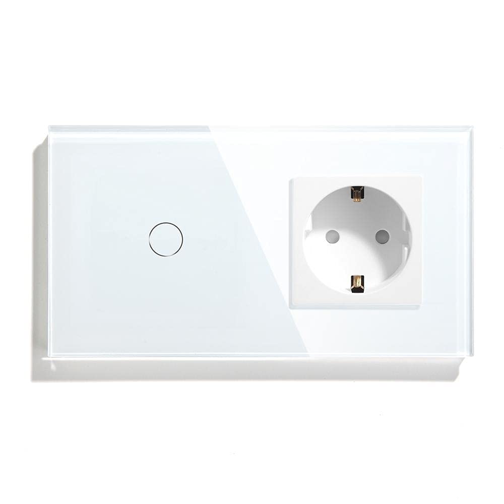 Interruptor Tactil,Interruptor Inteligente 1 Gang 1 Way 2 Way Touch Interruptor con Socket Standard Wall Socket 3 Colores Panel de Vidrio 157mm Toque Interruptor de luz(White,1 Way_1)