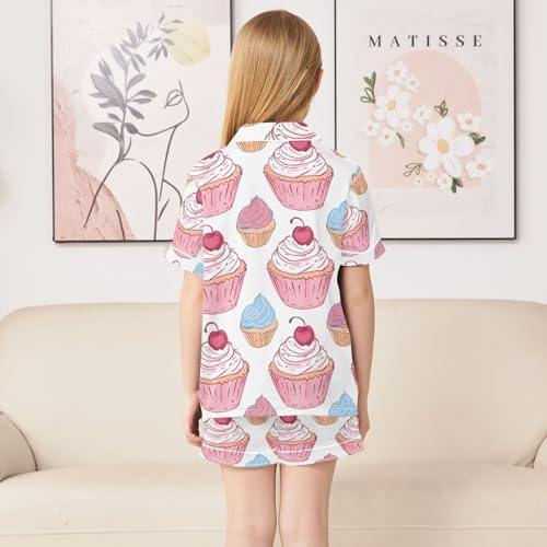 ALAZA Cupcake Cherry Fruit Stylish Pajamas Satin Pajama Set Short Sleeve Button Down Sleepwear4