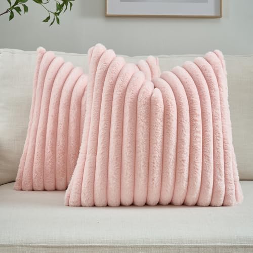 FUTEI Pink Striped Decorative Throw Pillow Covers 20x20 Inch Set of 2,Square Winter Decorations Couch Pillow Case,Soft Cozy Faux Rabbit Fur & Velvet Back,Modern Home Decor for Bed