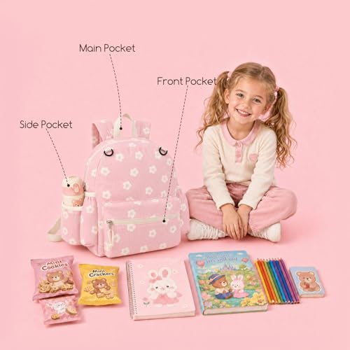 Image of Corduroy Toddler Backpack for Boys & Girls, Kids Backpacks | Small Kids Bookbag for School, 2-4 Preschool Kindergarten Backpack, Toddler Daycare Backpack - Flower-Pink