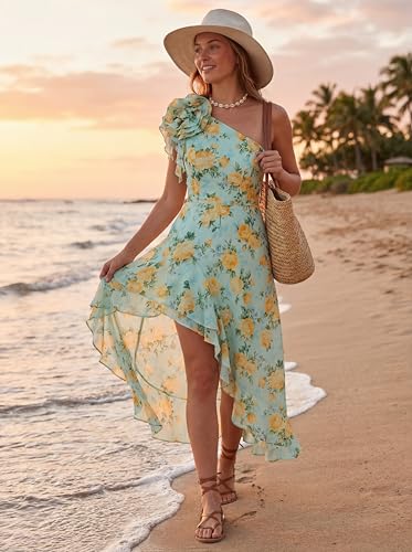 Image of GRACE KARIN Womens Summer One Shoulder Sleeveless Dresses Floral Flowy Ruffle High Low Wedding Guest Maxi Sundresses