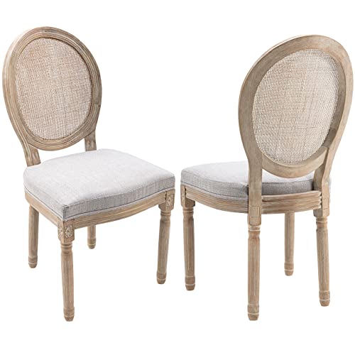Guyou Farmhouse Dining Chairs Set Of 2, Upholstered Dining Room Chairs With Round Rattan Back French Country Accent Chair Side Chairs With Distressed Wood Frame For Kitchen Living Room (Grey) #TOP5