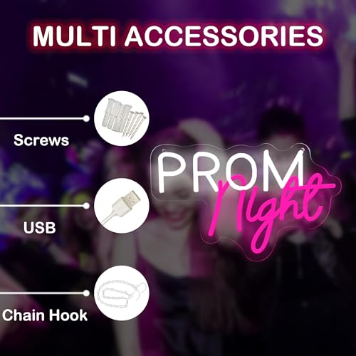 Image of Prom Night Neon Sign, LED Light Up Party Decoration for Prom, Graduation, or Dance Event, USB Powered Backdrop Wall Sign for Prom 2026 Grad Party Decor Pink and White