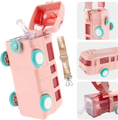 Image of Bus Water Bottle for Kids with Strap, Sipper, and Straw Leakproof, Tritan Water Bottle for School Kids 500ml - for Girls and Boys (Pink)