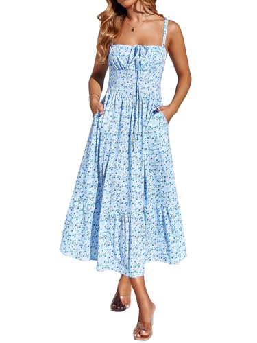 Image of Women's Casual Beach Vacation Dress with Pockets Flowy Aline Tiered Spaghetti Strap Lace Up Corset Midi Sundress for Summer