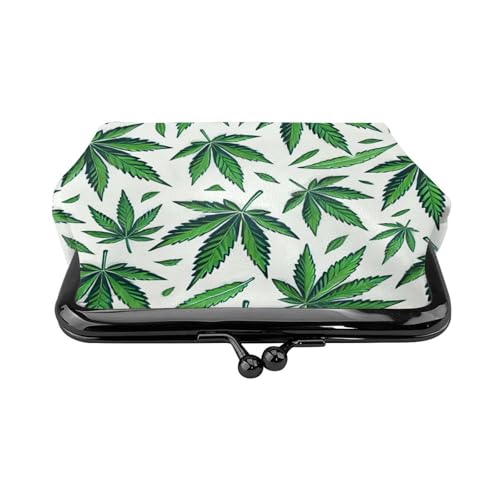 Pu Leather Buckle Coin Purse Cannabis-Green-Leaves Girls Kiss-Lock Change Purse Wallets2