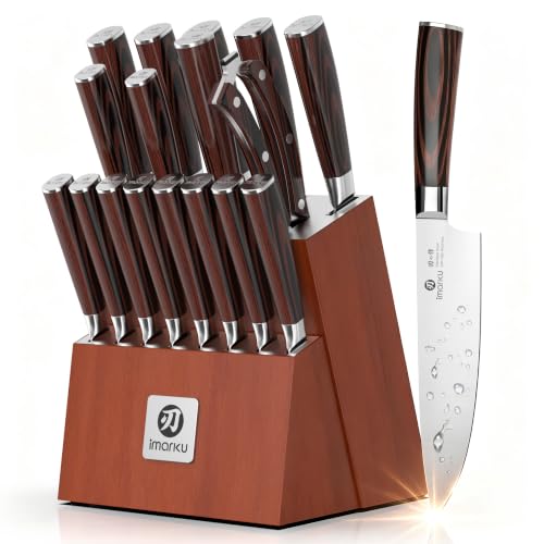 Image of imarku 18-Piece Japanese Utility High-Carbon Stainless Steel Knife Set | Knife Set with Block|14.5Precision Edge|59±2 HRC Hardness|Built-in Sharpener|Ergonomic Pakkawood Handles|Gifts for Women