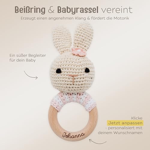 wunderwunsch® - Personalisierter Beißring Baby - Niedlicher Greifling für Baby's ab 0 Monate - Babyrassel mit Name als Baby Geschenk für Mädchen und Jungen (Hase gestreift rosa,mit Gravur)