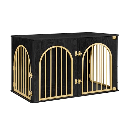 Hzuaneri Hundekäfig Möbel, 100cm Hundebox für Zuhause, 3 Türen, Bogentür, Moderne Hundebox Indoor für Hunde, Beistelltisch, Hundekäfig Hochbelastbar, 100 x 60 x 63 cm, Schwarzes Gold DFC84104A