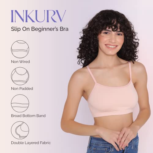 Image of INKURV Slip On Beginner's Bra for Girls & Teenagers, Non Padded Sports Bra| Adjustable Straps with No Hooks| Double Layered Fabric, Non-Wired Seamless Bralette for Gym-Combo of 2