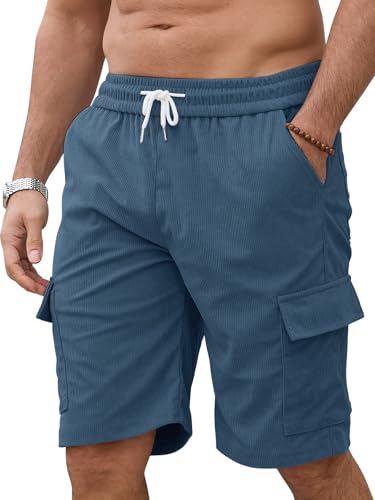 Pantalones Cortos Hombre Cargo de Pana con Cintura Elástica   Bermudas Hombre Verano Multi Bolsillos y Cordón | Shorts Hombre Casual para Trabajo y Relax (Verde Giada Scuro,L)