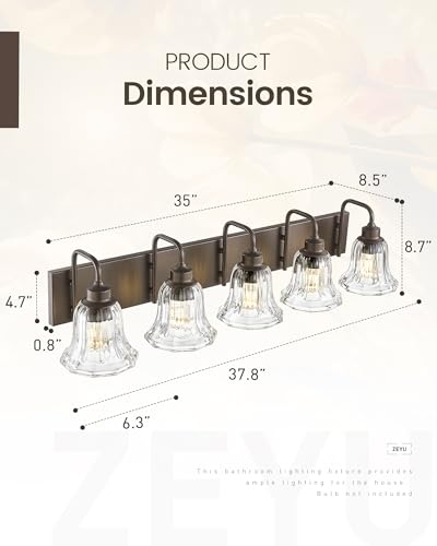 Image of zeyu 37.8 Inch Bronze Wall Sconce Lights, Bathroom Light Fixtures, 5-Light Vanity Wall Sconce Over Mirror, Oil Rubbed Bronze Finish with Clear Striped Glass, ZJX117B-5W ORB