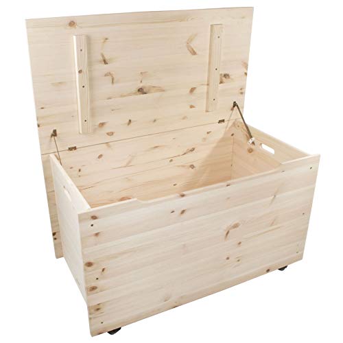 WooDeeDoo Extra-Large Wooden Storage Chest with Wheels and Hinged Lid – 158L - Unfinished Pine Box Farmhouse Trunk for Bedding Kid's Toys Blankets Bedroom DIY Decoration - 90 x 48 x 51 cm