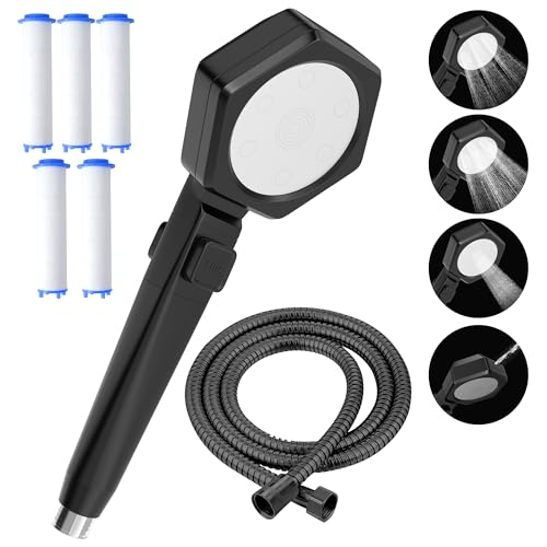 Cabezal de ducha con manguera de 2 m y 6 filtros, 4 tipos de chorros, botón de apagado con una sola mano, de ABS, ahorro de agua, con filtro contra cloro y piedra caliza, cabezal de ducha económico