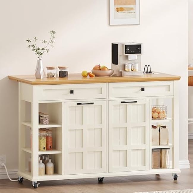 YITAHOME Rolling Kitchen Island with Drop Leaf, 51 Inch Kitchen Cart with Trash Can Cabinet, Americana Center Island with Power Outlet, Mobile Foldable Dining Table with Open Shelves, Off-White-gnJWl9mU