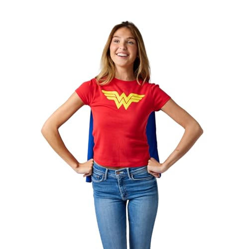 DC Comics Wonder Woman Junior's Red Crew Neck Short Sleeve Caped Tee