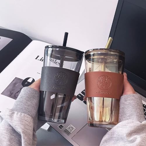 Image of Reusable Glass Coffee Sipper Mugs with Lid & Straw Pack of 1, 450ml Multipurpose Drinking Glasses Tumbler with Leather Sleeve Cup for Juice Smoothies Iced Tea Home & Travel (B Brown)
