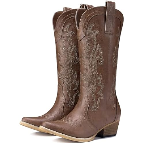 HISEA Rollda Cowboy Boots for Women Western Cowgirl Boots Mid Calf