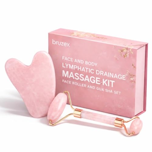 Image of Bruizex Lymphatic Drainage Face Massager Set: Rose Quartz Face Roller & Gua Sha Facial Tool for Lymphatic Massage, Muscle Tension Relief, Skin Care, for Lymphatic Massage Oil, Serum & Face Cream