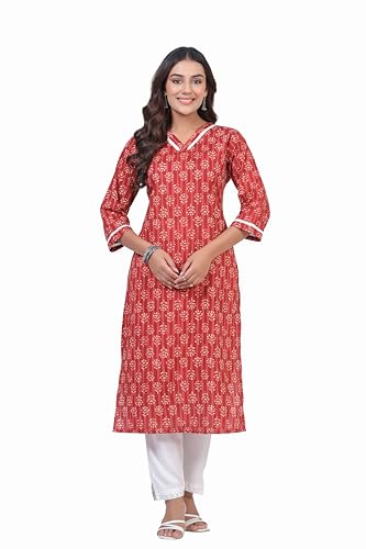 Image of Ichaa Women's Pure Cotton A-Line Ethnic V-Neck Kurta with 3 /4th Sleeve for Daily and Office Wear, in Plus Sizes