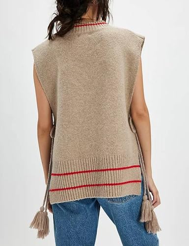 Image of UANEO Women's V Neck Sweater Vest All Star Stripe Poncho Sleeveless Pullover Tank Tops(Khaki-S)