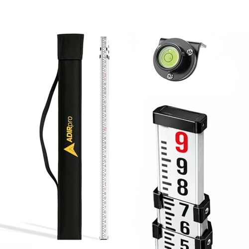 AdirPro 9 ft Aluminum Telescoping Grade Rod | Dual-Sided 5-Section Leveling Rod with 8th Foot Graduations & Locking Clamps | Bubble Level & Carrying Case Included